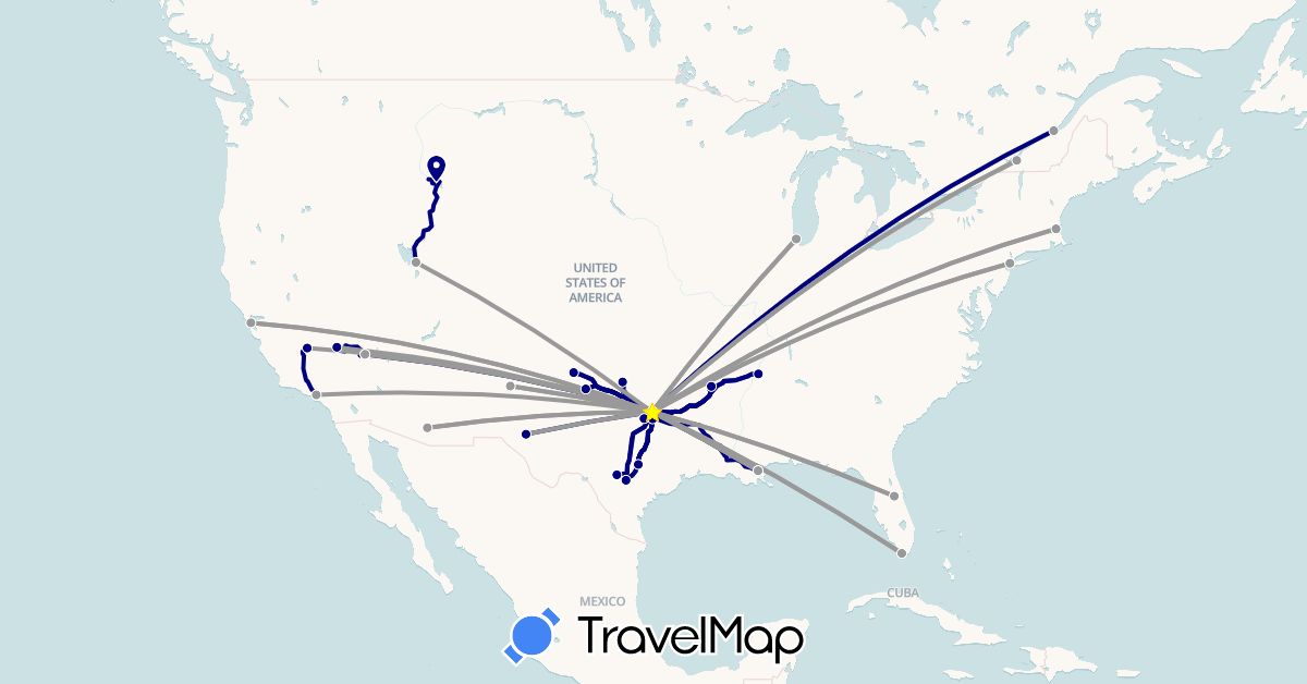 TravelMap itinerary: driving, plane in Canada, United States (North America)