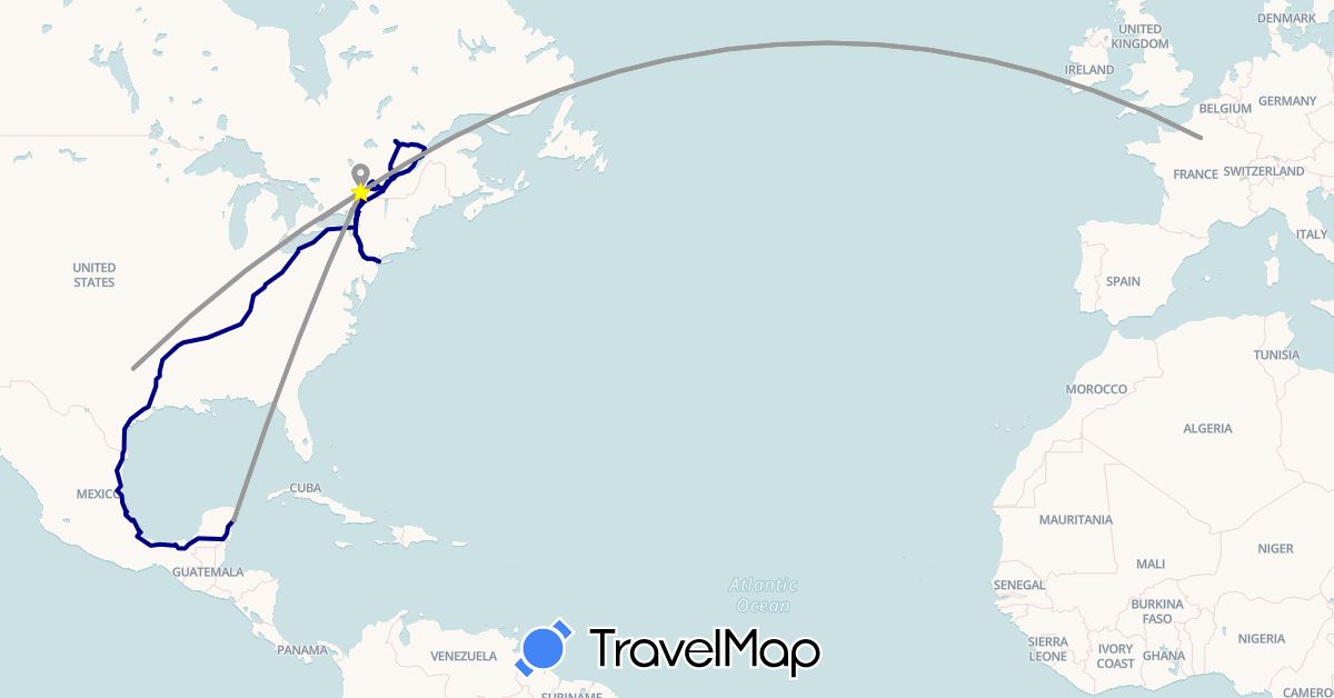 TravelMap itinerary: driving, plane in Canada, France, Mexico, United States (Europe, North America)